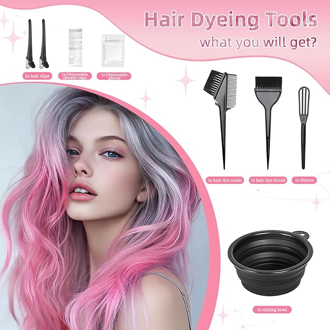 ROOHUA 8 Pcs Hair Coloring Kit - Professional Hair Dye Tools for Home Salon Use with Bowl, Brush, Comb, Clips, Gloves & Shower Cap - Reusable Supplies (8, Black)