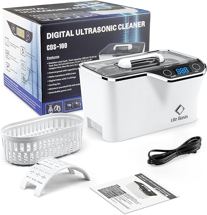 LifeBasis Ultrasonic Jewelry Cleaner, Professional 45kHz Ultrasonic Cleaner Machine 20 Ounces (600ML) with Digital Timer, Watch Holder Ultrasonic Glasses Cleaner for Ring, Coin, Watch, Denture -White