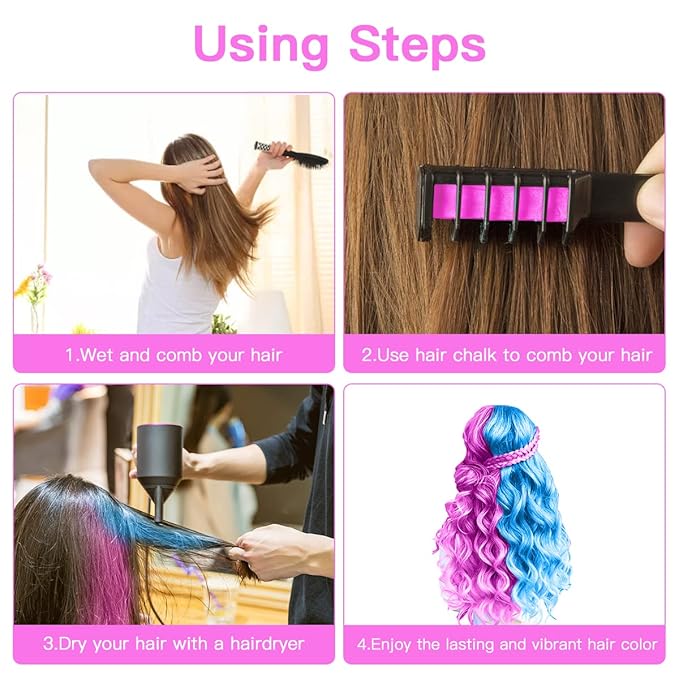MSDADA Hair Chalk for Girls-New Hair Chalk Comb Temporary Bright Washable Hair Color Dye for Kids-Toys for 6 7 8 9 10 Year Old Girl Birthday Gifts for Christmas,Halloween,Cosplay-5 Pcs Pink+5 Pcs Blue