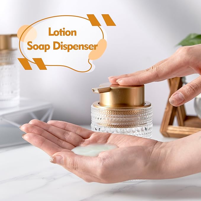 12 Oz Glass Soap Dispenser with Gold Pump, Clear Refillable Liquid Hand Soap Bottles for Bathroom, Cute Decorative Lotion Container for Dish Soap, Hand Soap
