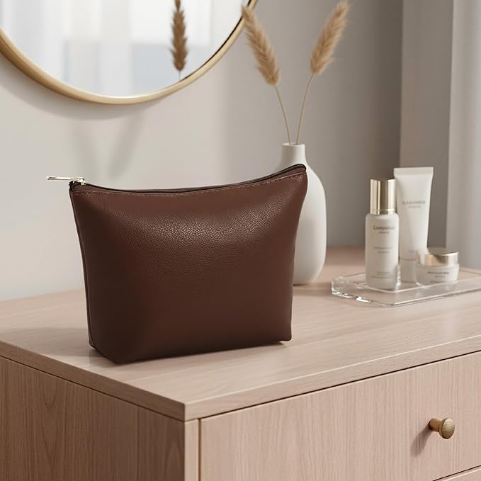 Kigeli PU Leather Makeup Bag for Women Gift Cosmetic Pouch for Purse Waterproof with PU Leather Travel Toiletry Organizer with Zipper for Women Bridesmaid Friend Gift(Coffee)