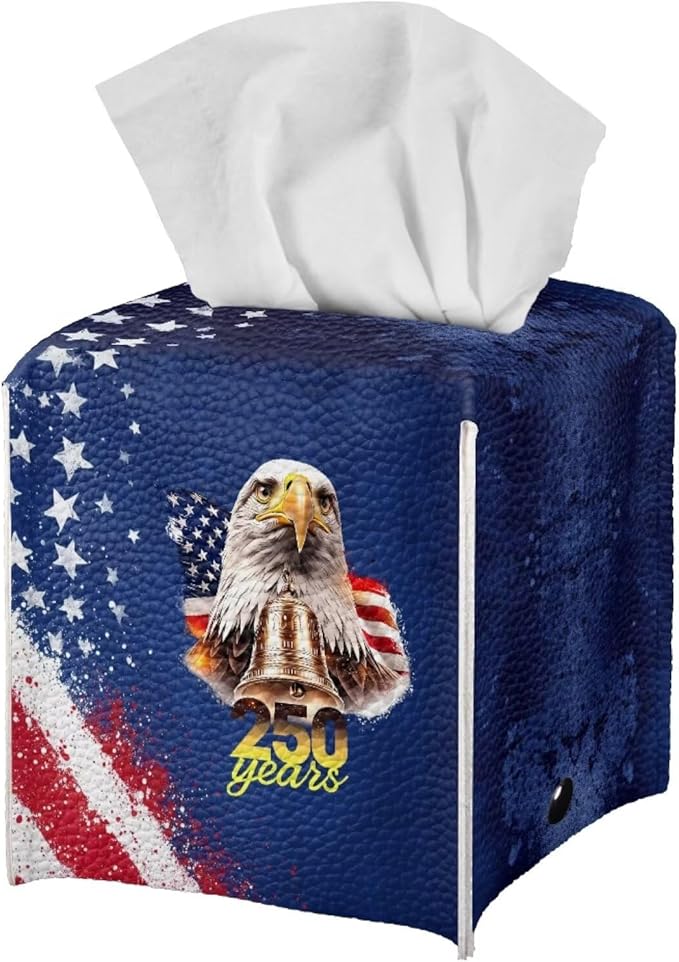 American 250 Years Tissue Box Holder Waterproof PU Leather Square Tissue Box Cover Holder with Metal Button Paper Dispensor Case for Home Office Car Automotive Decor