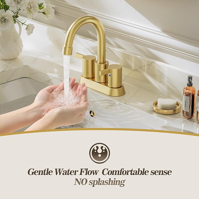 Phiestina Brushed Gold 4 Inch 2 Handle Centerset Lead-Free Bathroom Faucet 2 Pack, Swivel Spout with Copper Pop Up Drain and 2 Water Supply Lines,BF15-1-BG-2PACK