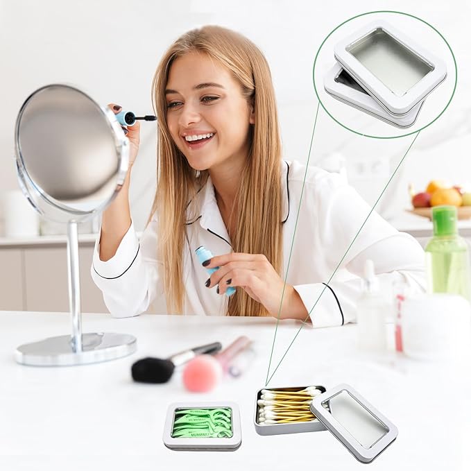 Cotton Swab Holder for Travel, 2 Pcs Portable Small Dental Floss Holder Empty Metal Cotton Ball Holder, Travel Floss Picks Case with Dustproof Lid for Cotton Swabs Hair Ties Floss, White