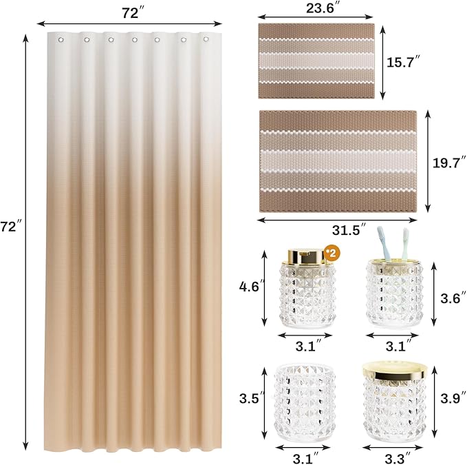 Bathroom Sets with Shower Curtain and Rugs and Accessories, Glass Bathroom Accessories Set Clear Bathroom Set Bathroom Sets, Beige Bath Mat and Diamond Soap Dispenser for Bathroom Decor