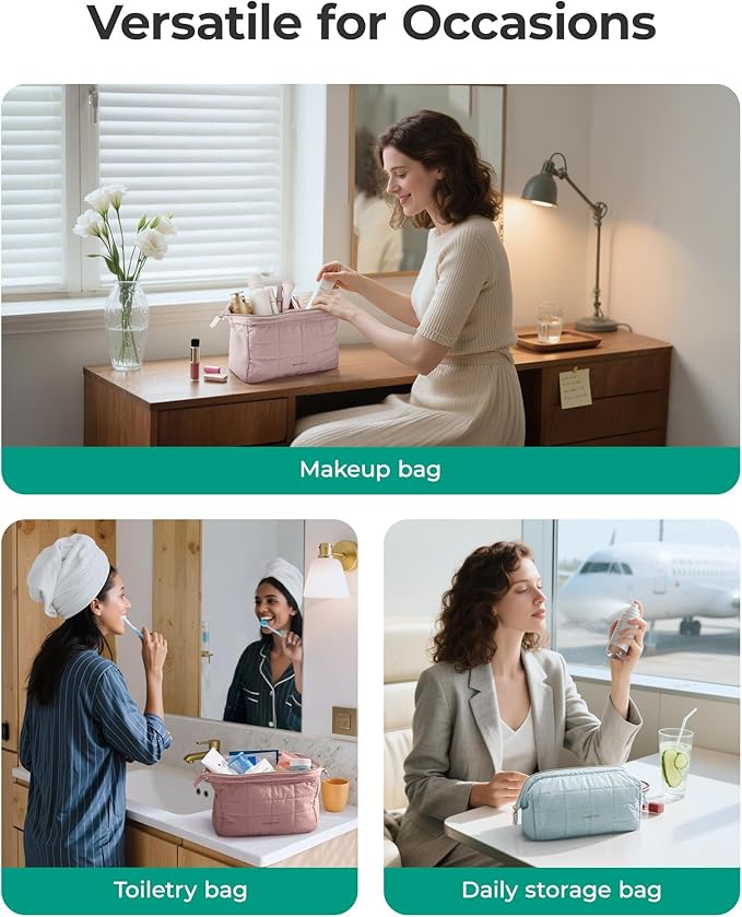 BAGSMART Makeup Bag Travel Toiletry Bag, Puffy Padded Make Up Bags for Women Makeup Organizer Case, Wide-open Pouch Purse Travel Essentials Toiletries Accessories Brushes, Checkered Khaki