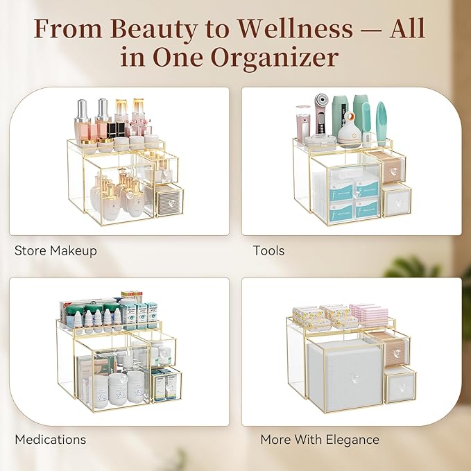 Tempered Glass Face Towel Holder with 3 Drawers, Bathroom Vanity Organizer for Disposable Face Towels, Cotton Pads, Swabs and Skincare Tools