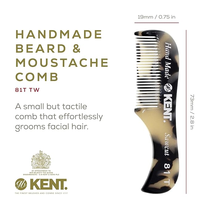 Kent A 81T TW X-Small Gentleman's Beard and Mustache Pocket Comb, Fine Toothed Pocket Size for Facial Hair Grooming and Styling. Saw-cut of Cellulose Acetate, Hand Polished. Hand-Made in England