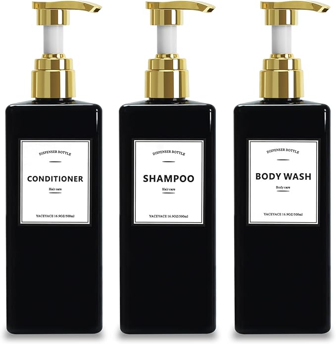 Black Shampoo Bottles with Gold Pump YACEYACE 16.9oz Set of 3 Shampoo and Conditioner Dispenser Empty Black Shower Bottles, Elegant Boutique Shampoo Dispenser for Bathroom, Lotion, Salon