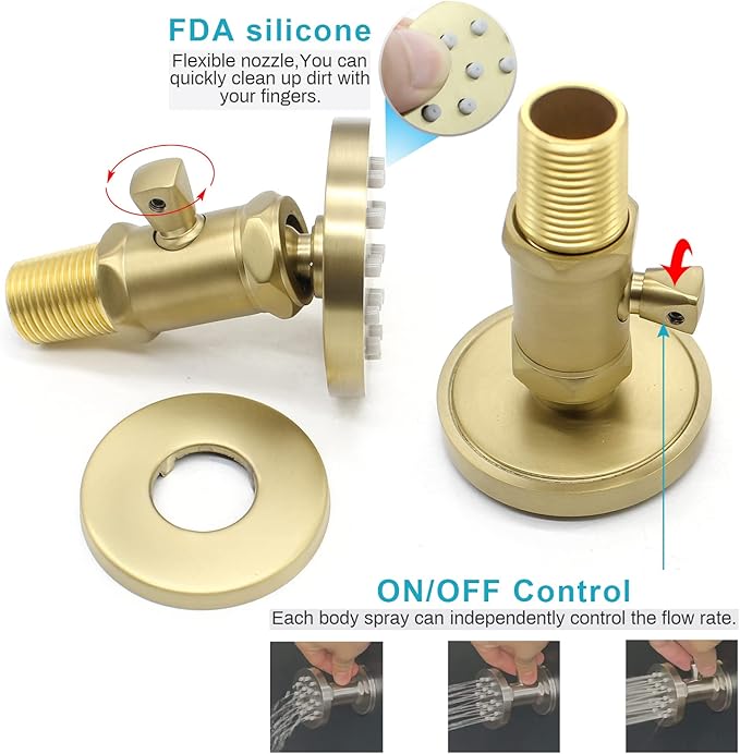 Solid Brass Shower Body Jets with Adjustable Flow - Round Massage Spa Shower Spray Jets for Concealed Wall Mounting, Brushed Gold