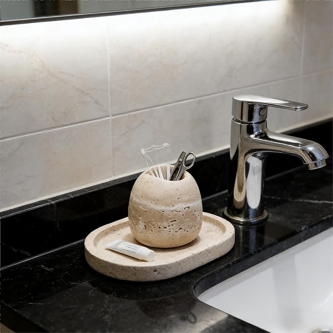 Travertine Match and Toothpick Holder Cute Beige Multi-Purpose Storage Jar for Cotton Swabs Matches Nail Clippers Scissors Bathroom Bedroom Vanity Decor (Beige)