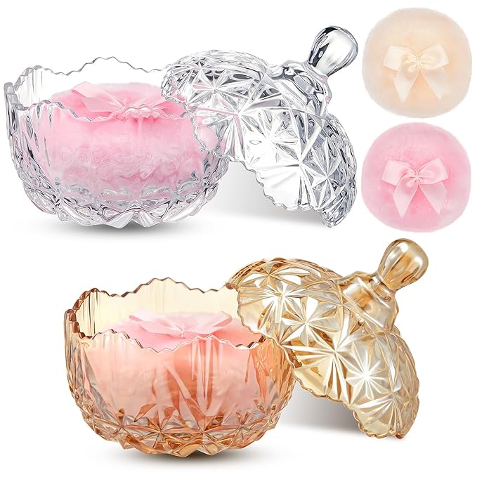 Tioncy 4 Pcs Large Body Powder Puff and Container Extra Large Body Powder Puff Dish Soft Washable Reusable Fluffy Makeup Sponge Wet Dry(Diamond,Amber and Clear)