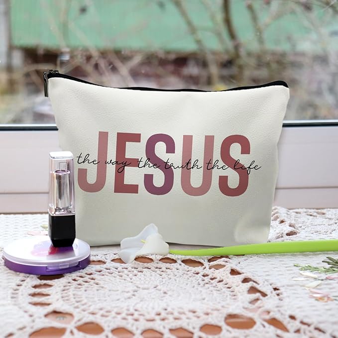 Christian Leather Makeup Bag, Jesus Cosmetic Bag, Christian Gifts for Women, Girls - Inspirational Bible Verse Bag (PU-Red)