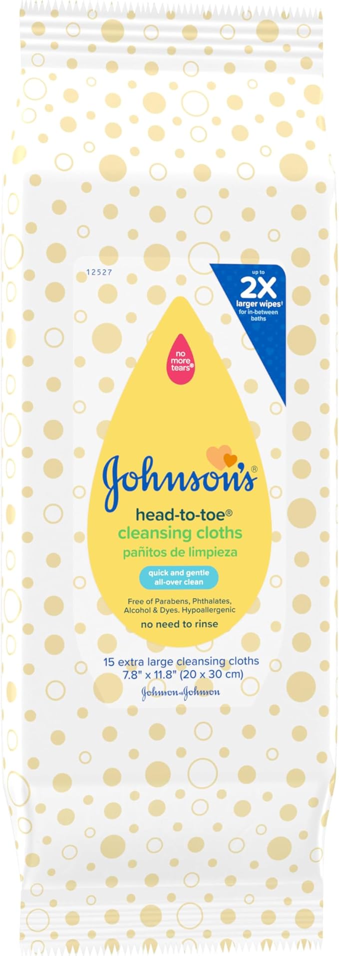 Johnson's Baby Head-to-Toe Gentle Cleansing Cloths, No Rinse, Disposable Pre-Moistened Baby Bath Wipes, Hypoallergenic Newborn Essentials, Head-to-toe Wipes, Paraben-Free 15 ct