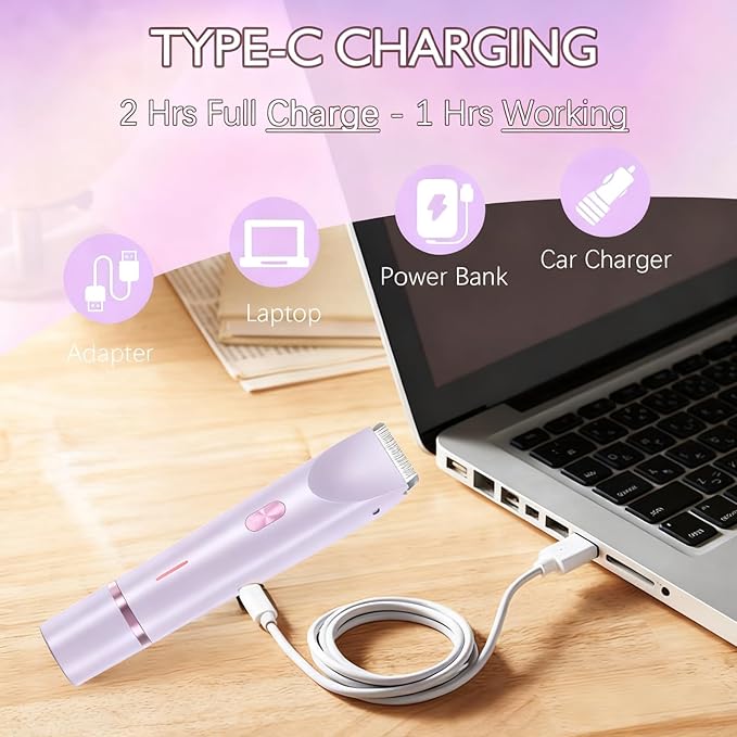 Bikini Trimmer for Women, 2 in 1 Dual-Head Electric Shaver for Women Pubic Hair, Waterproof Wet/Dry Use Body Hair Trimmer and Face Razors, Rechargeable Hair Removal for Bikini Legs Face Underarm Arm
