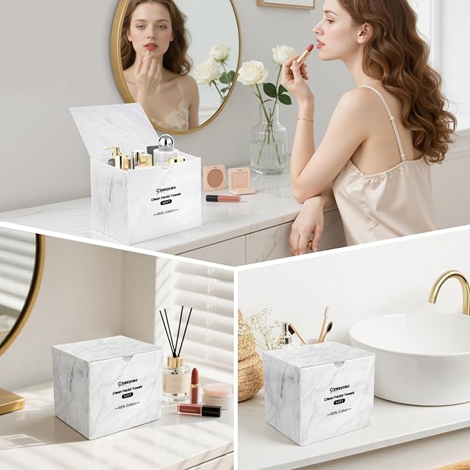 Classycoo Disposable Face Towel Holder with 50 PCS XL Washcloth, Compatible with Clean Skin Club Cotton Towel, Odor-Free, Marble Acrylic Container Box Facial Wipes, Bathroom Cosmetic Storage