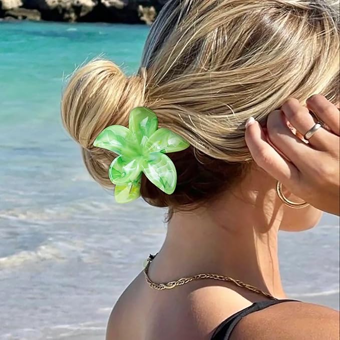 Large Hawaiian Flower Hair Claw Clips for Women, 4Pcs Tropical Plumeria Hair Clips for Thick and Thin Hair, Strong Hold Marble Texture Nonslip Beach Hair Claw Clips Summer Hair Accessories Gift