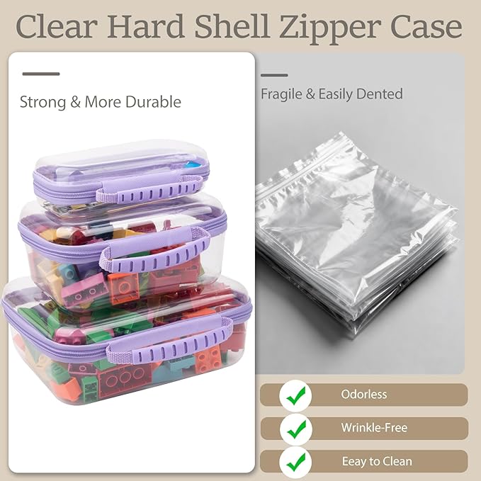 3 Pack Clear Hard Shell Zipper Case with Handle Waterproof Plastic Storage Pouches for Toiletry Makeup Cosmetic Toys Art Supplies Case Bag Organizer Travel