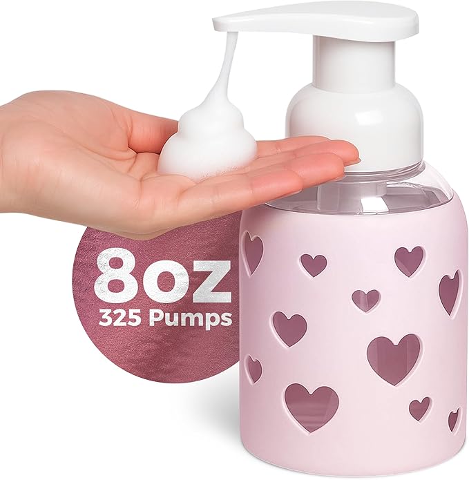 SoCal Suds & Company Foaming Hand Soap Dispenser Glass, Liquid Soap Pump with Heart Silicone Sleeve, Refillable Bottle for Kids, Baby Wash & Shampoo, Ideal for Bathroom & Kitchen Use, Soft Pink, 8oz
