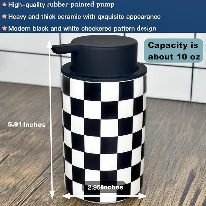 Foaming Soap Dispenser, Foam Hand Soap Dispenser for Bathroom Countertop, Modern Black and White Foamy Hand Soap Refills Bottle for Kitchen,Bathroom-Checkered Bathroom Decor
