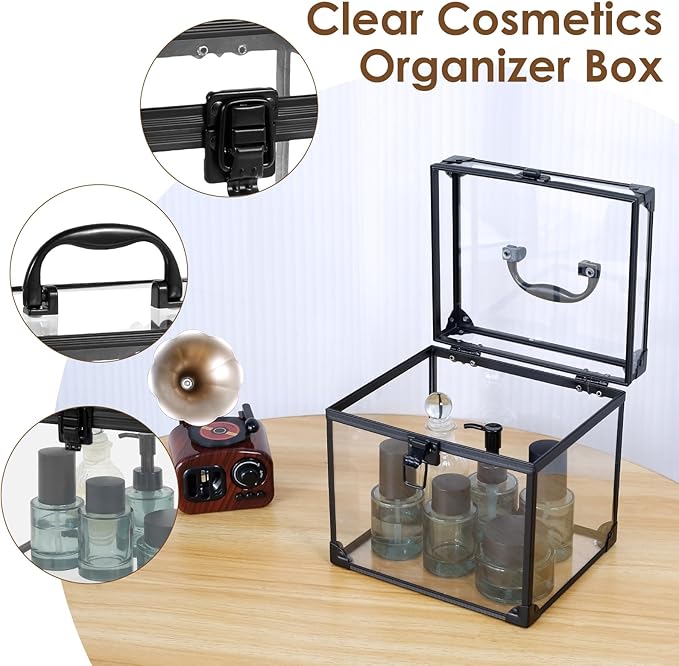 Makeup Box,Clear Cosmetic Case with Latches and Handle Large Capacity Toiletry Organizer Box Travel Makeup Tools for Vanity Bathroom Counter Dresser(black)