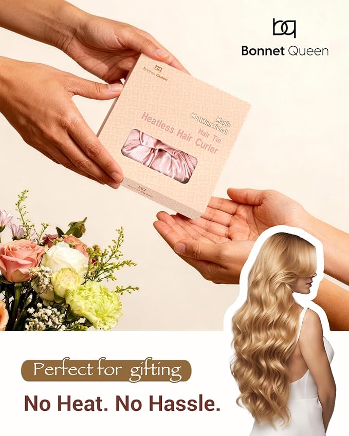 BONNET QUEEN Satin Heatless Hair Curler, Overnight Curls for Long Hair, ultra soft Heatless Curling Rod & 2 Scrunchies,Damage-Free Styling, Soft Hair Curlers for Overnight Use(Pink)