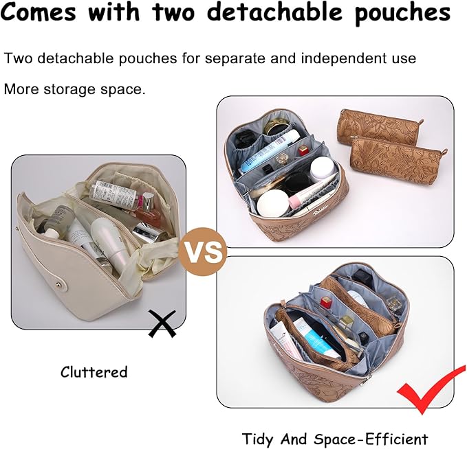 BOYATU Travel Makeup Bags Cosmetic Organizer Bag: 3-Set Large Capacity Make up Bag - PU Leather Toiletry Bags for Women - Wide Open Portable Pouch with Divider & Handle (01-Z-Brown)