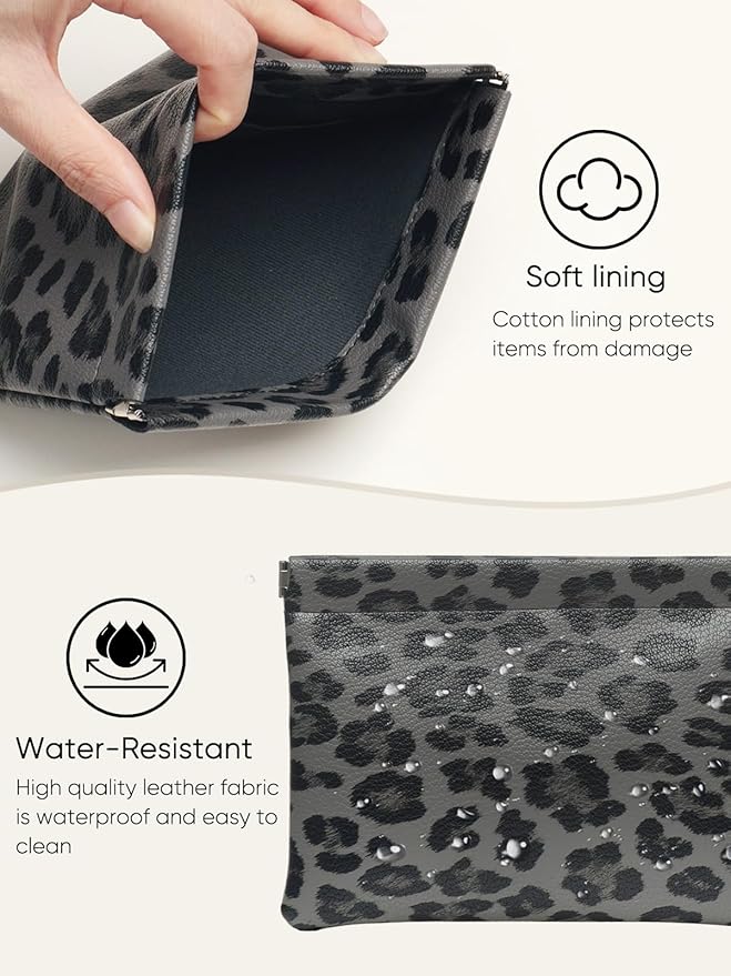 2 Leopard Leather Small Makeup Pouches Set for Women,Cosmetic Accessories,Waterproof and Portable Cosmetic Bags,Self-closing,No Zipper, Aesthetic Storage Pouch,Lipstick for Purse, Black