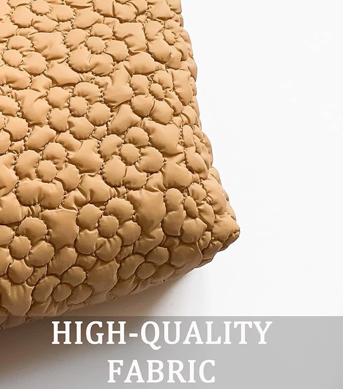 Puffy Quilted Makeup Bag, Cosmetic Bag, Travel Toiletry Organizer Pouch, Clutch for Wom (Khaki Flower)