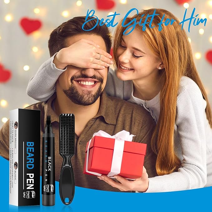 Beard Pencil Filler for Men Black - Beard Pen with Brush, Barber Pencil Smudge-proof & Water-proof Grooming Kit for Men Creating Natural Beard Color, Gifts for Men (Black)