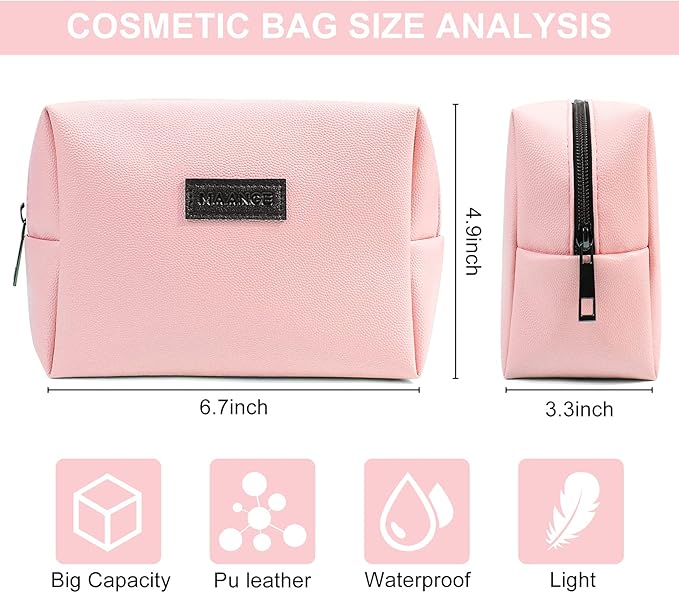 MAANGE 2 Pcs Small Makeup Bag For Purse, Travel Cosmetic Bag Makeup Pouch PU Leather Portable Versatile Zipper Pouch For Women (Pink+Green)