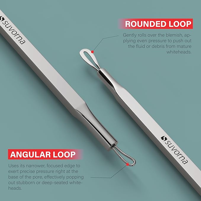 Suvorna Skinpal s25 - Whitehead & Blackhead Remover, Cleaner & Comedone Extractor 2 in 1. Made of Dermatologist Grade Surgical Steel. Approved by Best aestheticians, Comes with Product Guide & Pouch.