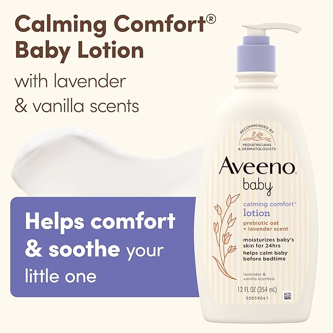 Aveeno Baby Calming Comfort Moisturizing Body Lotion with Relaxing Lavender & Vanilla Scents, Non-Greasy Baby Lotion, Nourishing Prebiotic Oatmeal, & No added parabens 12 fl. oz (Pack of 2)