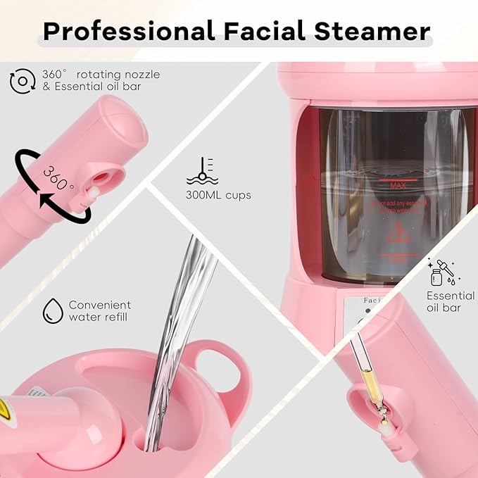 Facial Steamer Nano Ionic Face Steamer with Extendable Arm, Portable Face Steamer for Facial Deep Cleaning, Steamer for Facial for Personal Care at Home or Salon（Pink）