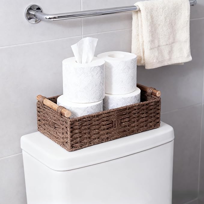 Back of Toilet Basket, Brown Wicker Toilet Tank Basket for Toilet Paper Storage, Basket for Toilet Tank Top, Decorative Bathroom Organizer for Towels & Essentials