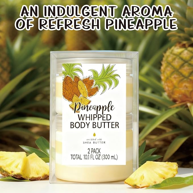 Pineapple Whipped Body Butter, Shea Body Butter for Women Dry Skin, Natural Pineapple Lotion for Body Moisturizer-Deep Moisturizing and Softening-3.4 floz+6.8 floz(100ml+200ml)
