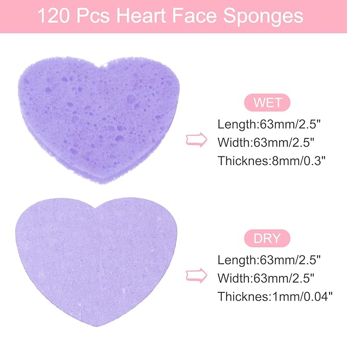 uxcell 120 Count Compressed Facial Sponges Heart-Shaped Face Cleansing Sponges Pads for Daily Skincare Routines at Home, Kitchen, Travel, Purple