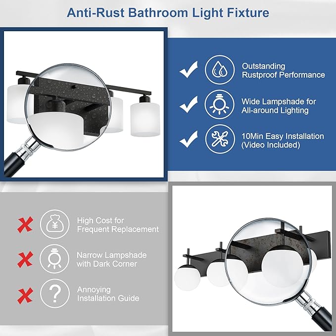 Black Vanity Lights for Bathroom, Anti-rust 4-Light Bathroom Light Fixtures Over Mirror, Modern 24Inches Wall Sconces, Eye-caring Milky White Glass Shades, Standard E26 Base, Bulbs Not Included