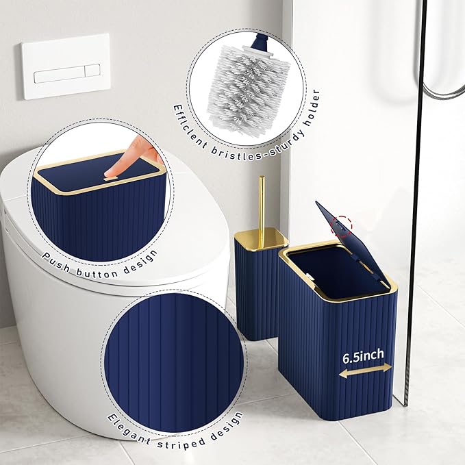 Bathroom Accessory Set - Bathroom Set, 12PC Bathroom Accessories Set, Navy Blue Bathroom Accessories Set, Mini Trash Can, Toilet Brush, Trash Can & Soap Dispenser