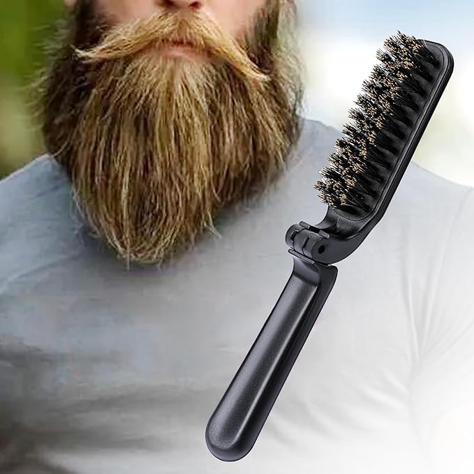 2 Pcs Travel Folding Boar Bristles Hair Brush, Collapsable Pocket Anti-Static Range Mini Beard and Hair Styling Tool for Women and Men (Black)