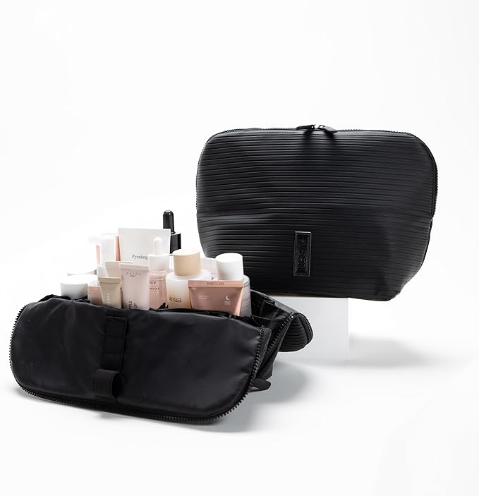 THE VERTI-Vertical Waterproof Makeup & Toiletry Bag | 23-Pocket Organizer with Upright, Fold-Down Design for Skincare, Toiletries & Essentials (Onyx, Medium)