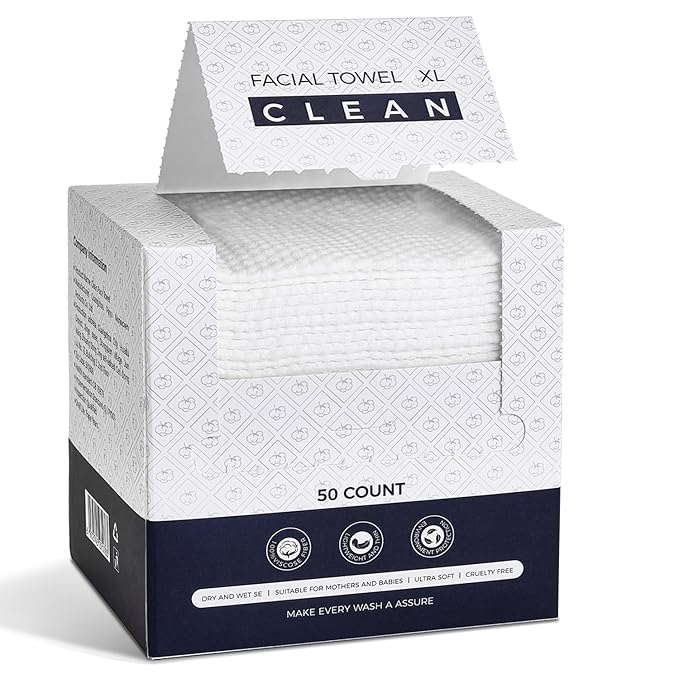 Disposable Face Towels XL,Viscose Biodegradable Large Dry Wipes,Super Soft & Thick Face Cleansing Towels,Daily Facial Tissues for Sensitive Skin, Makeup Removing,Facial Clean,Nursing,Travel (50 Count)