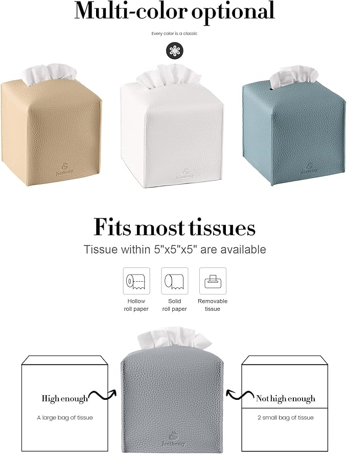 Tissue Box Cover, Jeethemy Square PU Leather Tissue Box Holder, Modern Tissue Case Facial Paper Organizer Dispenser，5X5X5'',Single Grey