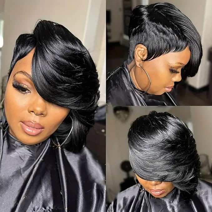 Adette Brazilian Remy Human Hair Pixie Cut Wig - Side Part and Layered 8 Inch Short Straight Style 180% Density with Rose Net Cap for Black Women
