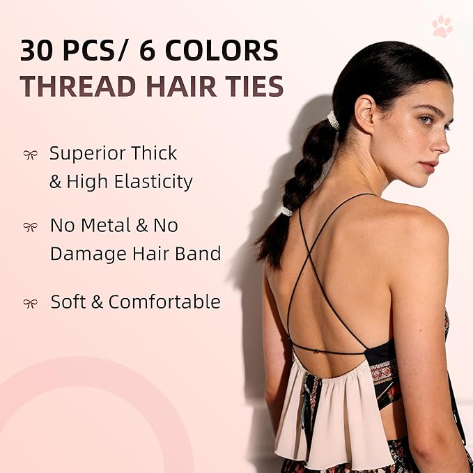 30 PCS Elastics Thread Hair Ties for Women, Adjustable No Damage Ponytail Holders for Women Girls, 4MM Rubber Bands for Hair, 6 Colors