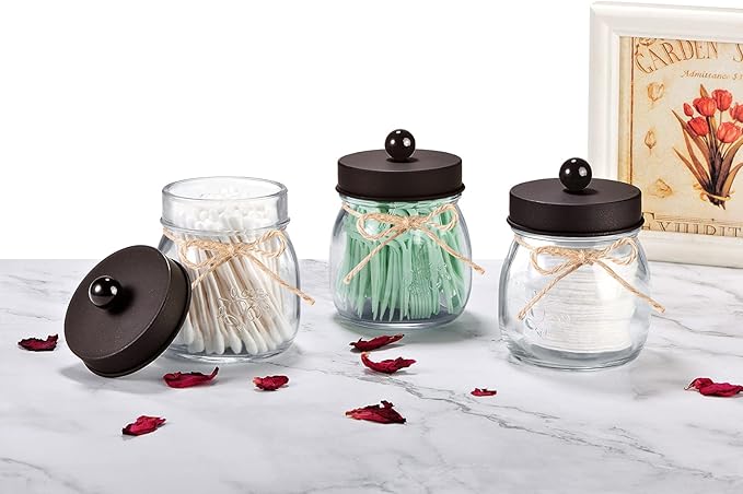 SheeChung 4 Pack Apothecary Jars with Lids, Bathroom Organizers and Storage, Qtip Holders Set, Bathroom Decor, Small Mason Jars for Q-tips, Cottons, Floss, Balls, Cotton Swabs-Bronze