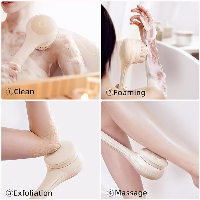 Electric Body Brush Back Scrubber for Shower, Waterproof Long Dual Handle Body Scrubber with 3 Heads, Bath Brush & 2 Speeds, for Cleansing, Exfoliating and Massaging Skin, Chrysanth Pink