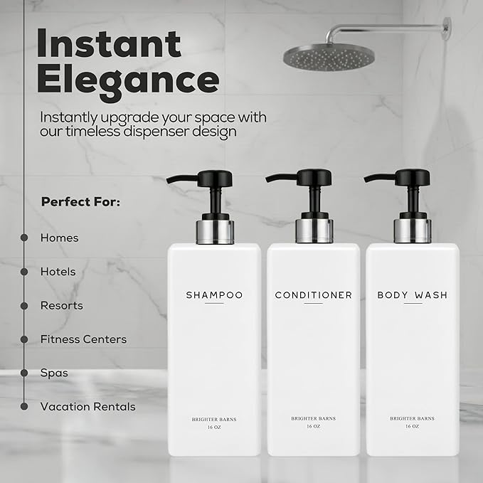 White Shampoo and Conditioner Dispenser Set by Brighter Barns - Refillable Shower Soap Bottles - Empty Body Wash Dispenser - Neutral Home Decor for Shower, Guest Bathroom, Airbnb, Spa (White Silver)