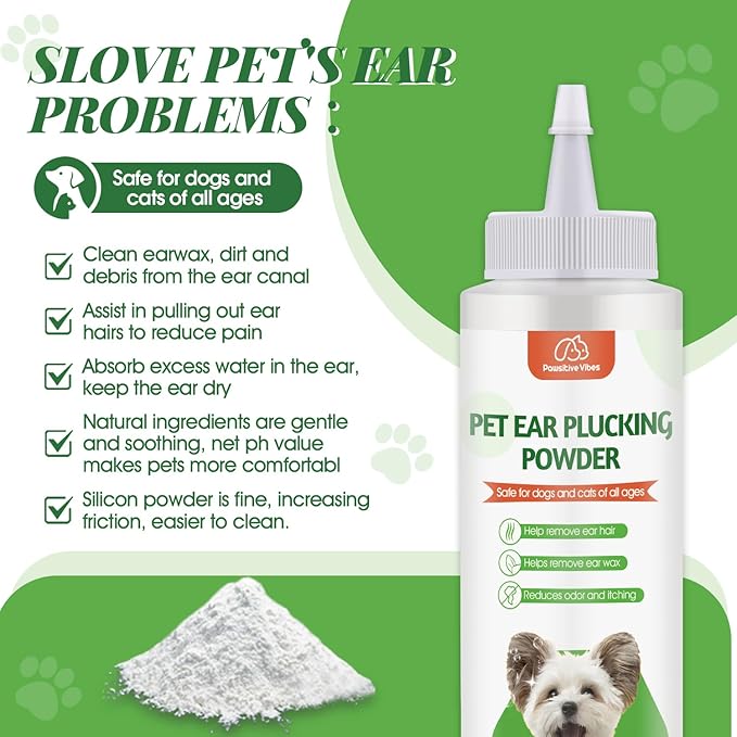 Pawsitive Vibes Dog Ear Powder Set, Dog Ear Powder for Hair Removal 30g, Dog Ear Infection Treatment, Removing Earwax and Odour, Relief of Itching. (Greener 2 pcs)