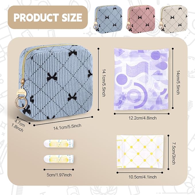Period Bag for Teen Girls, Corduroy Cute Sanitary Napkin Storage Bag, Menstrual Pad Pouches Tampon Holder for Purse (Light Purple-Bow Tie)